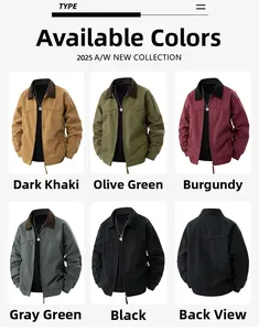 Detailed color options of men's casual work jackets with contrasting collars and zippers