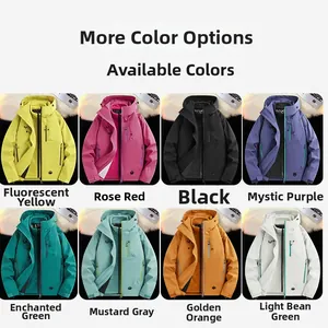 Collage of outdoor hooded jackets in eight vibrant colors on a soft white background