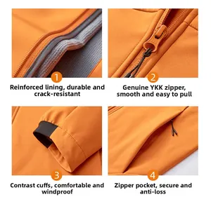 Detailansicht der orangefarbenen Jacke mit YKK-Reißverschlüssen und winddichten Bündchen