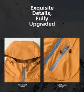 Detail of orange outdoor jacket featuring windproof hood and blue zipper multi-pocket design