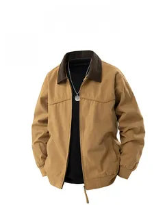 Detailed flat lay of a khaki casual jacket with a contrasting brown corduroy collar