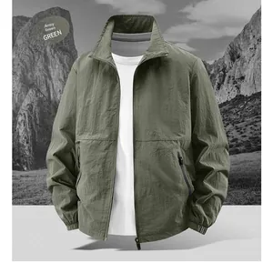Detail of army green lightweight outdoor jacket with stand collar and zip closure