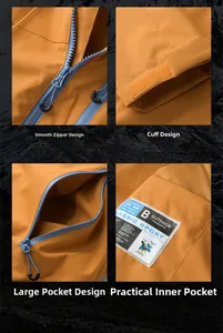 Detail view of smooth zippers, adjustable cuffs and large pockets on outdoor jacket
