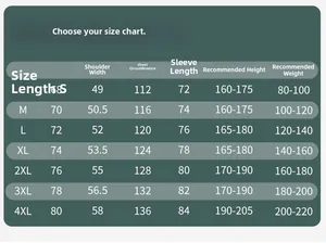 Size chart for outdoor waterproof hiking jacket with chest and length measurements