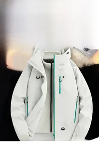 Detail of light bean green outdoor jacket with warm white fleece lining and waterproof zippers