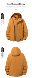 Front and back view of sand orange waterproof 3-in-1 outdoor jacket with blue zippers