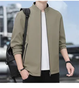 Detail view of khaki business casual men jacket featuring stand collar and zipper pocket
