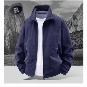 Detail of dark blue windproof lightweight jacket with stand collar and full zip closure