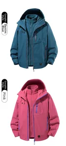 Detail view of the 3-in-1 waterproof jacket showing denim blue and ide pink color options