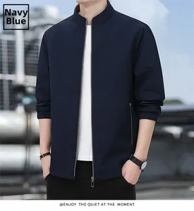 Detail view of men's dark blue casual jacket showing stand collar and high-quality zipper