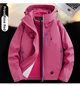Front view of a rose red waterproof outdoor jacket with hood and functional zippers