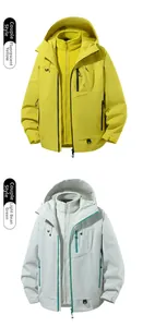 Detail of couple's outdoor 3-in-1 waterproof jackets in lime yellow and light bean green