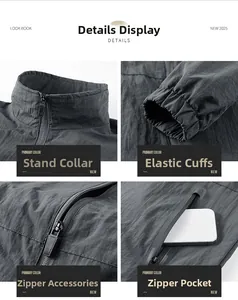 Detail view of stand collar, elastic cuffs, and zipper pockets on men's jacket