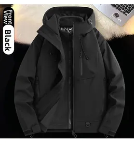 Detailed front view of a black outdoor windproof jacket with detachable fleece lining