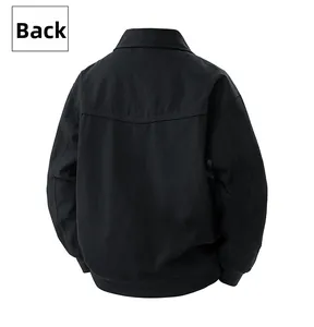 Back view of black canvas work jacket with casual turn-down collar and ribbed hem
