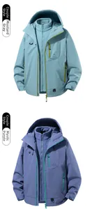 Detail view of 3-in-1 waterproof outdoor jackets in grey and purple with fleece liners