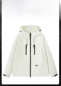 Outdoor hooded jacket detail with waterproof zipper pockets and mountain background