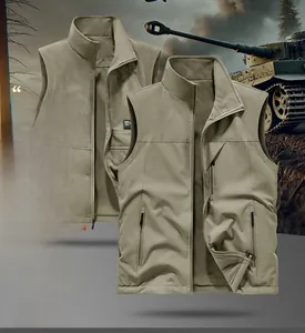 Detail of outdoor reversible fleece vest featuring khaki fabric and warm gray lining