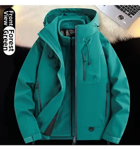 Front view of an emerald green outdoor mountain jacket with a detachable fleece lining