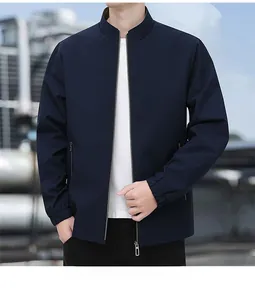Detailed view of dark blue business casual jacket featuring a ribbed stand-up collar and zipper