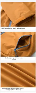 Details of outdoor jacket showing adjustable velcro cuffs, zipper pockets and windproof fabric