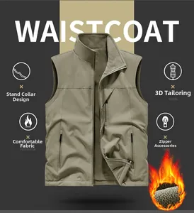 Detail of khaki men's tactical vest showing waterproof fabric and warm fleece lining