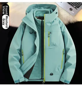 Detail view of the waterproof mountain jacket with neon yellow zipper and fleece lining