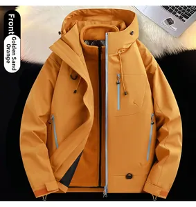 Detail of waterproof outdoor jacket in orange with warm fleece lining and hood