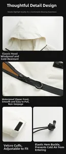 Detail of waterproof zippers and adjustable velcro cuffs on white hooded outdoor jacket