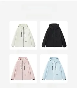 Outdoor hooded jackets in cream, black, coral pink and glacier blue color options