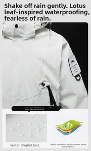 Waterproof white outdoor jacket detail showing lotus effect and 3-layer fabric structure