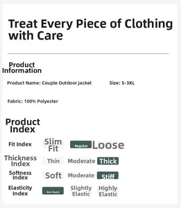 Detailed size chart for outdoor jacket with 100% polyester fabric and S-3XL sizing info