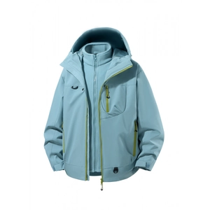 Light blue 3-in-1 waterproof hiking jacket with green zippers and fleece lining