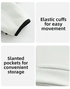 Detail view of white fleece jacket featuring elastic cuffs and functional side pockets