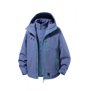 Three-in-one waterproof outdoor jacket with detachable fleece liner and green zippers