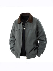 Men's retro workwear jacket in grey-green with contrast brown corduroy collar