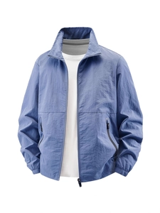Men's casual light blue waterproof jacket with stand collar and zip-up design