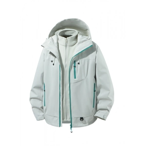 Three-in-one waterproof outdoor jacket with fleece liner and blue zipper details