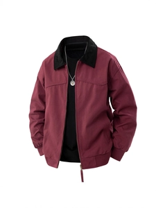Men's burgundy workwear jacket with contrast black collar and vintage zipper closure