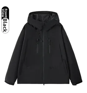 Front view of black waterproof outdoor hooded jacket with functional zip pockets and hood