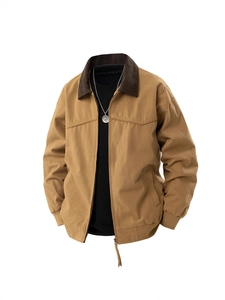 Men's tan canvas work jacket with dark brown corduroy collar and ribbed cuffs