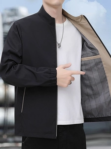Classic men's black stand collar business casual jacket with stylish plaid lining