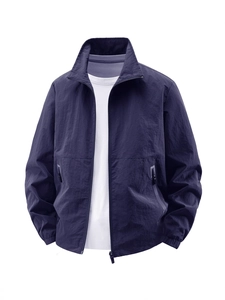 Men's navy blue lightweight stand-collar jacket with breathable windproof fabric