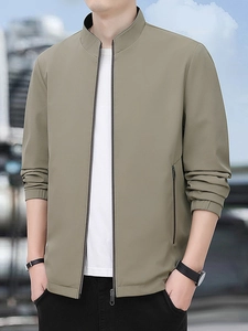 Men's business casual stand collar khaki jacket with full zipper and pockets