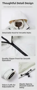 Detail view of the waterproof outdoor jacket featuring detachable hood and adjustable cuffs