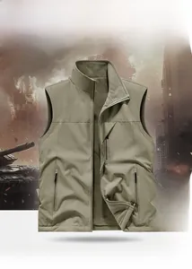 Detail view of khaki fleece lining and zip pockets on men outdoor utility vest