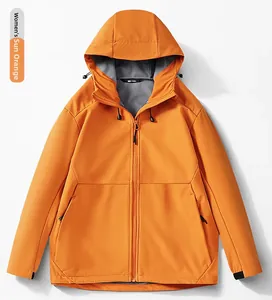 Detaillierte Flachbildansicht der Damen-Softshelljacke in Solarorange mit Kapuze
