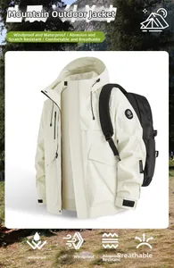 Detail of waterproof breathable outdoor jacket with adjustable hood and velcro cuffs