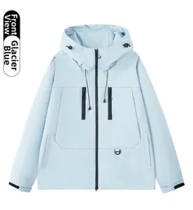 Detailed front view of glacial blue outdoor windbreaker with zippers and hooded design