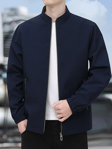 Men's navy blue stand collar business casual jacket with metal zipper pockets and rib cuffs
